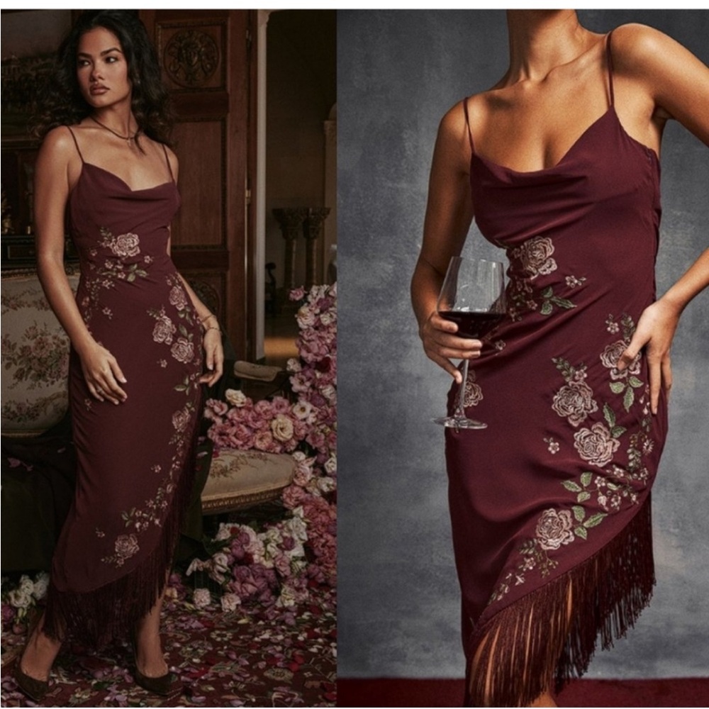HOUSE OF CB 'Eloisa' Wine Embroidered Midi Dress NWOT size‎ XS